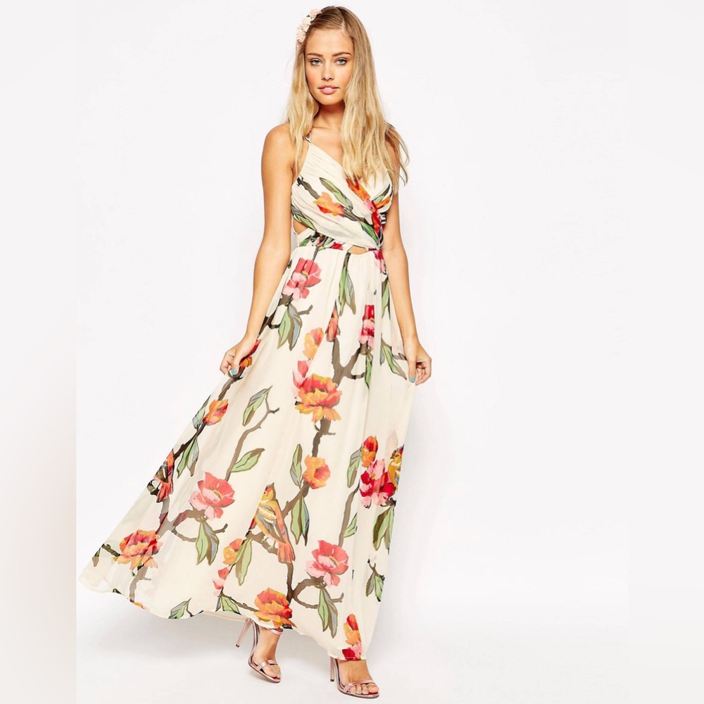 ASOS Halter Maxi Dress with Cut Out Sides in Love Bird Print
